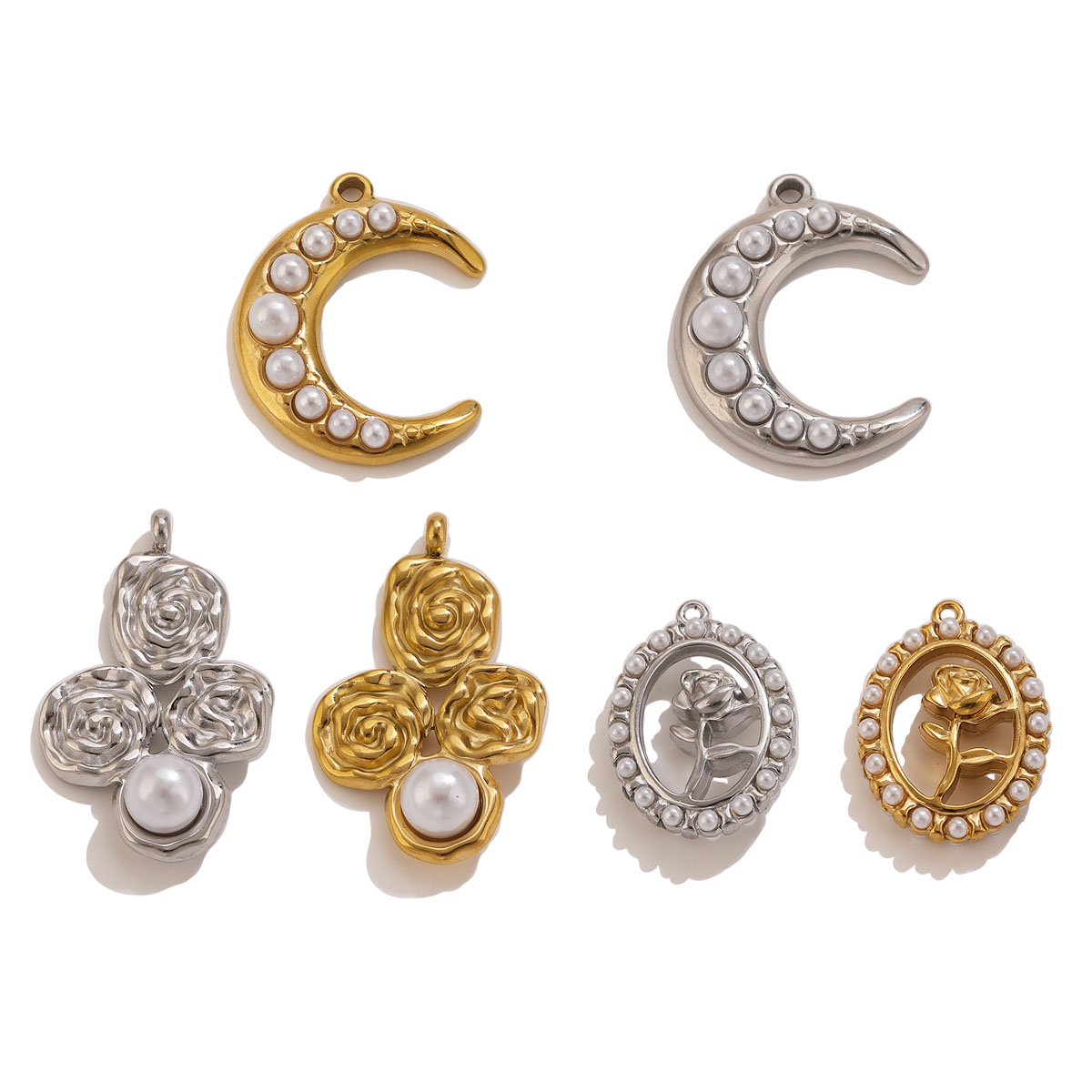 Pearl Stud Earrings - 5 Stück Edelstahl 18K vergoldete Mond-Rosen-Perlen-Anhänger