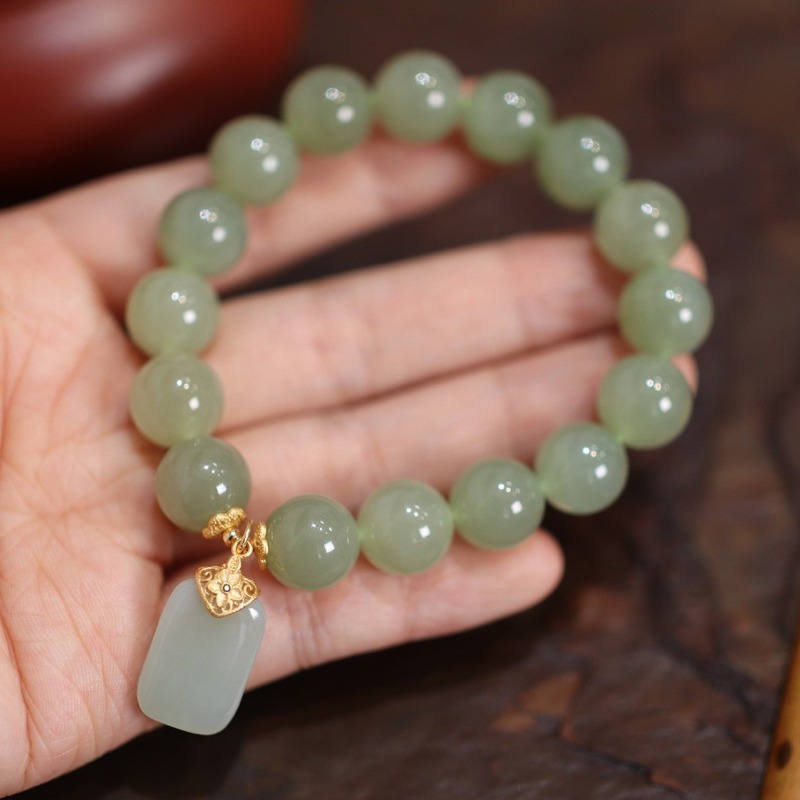 Gemstone Bracelet Healing - Natürliches Hotan-Jade-Perlen-Blumen-Lotus-Armband, Edelstein-Armreif, Echter Schmuck, Damen-Accessoires,