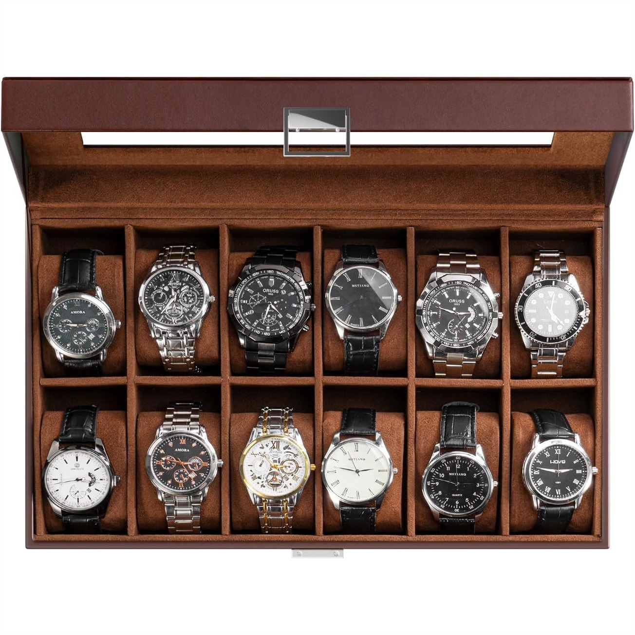 Watch Display Box - 12-Fach Uhrenbox mit Glasdeckel - PU-Leder